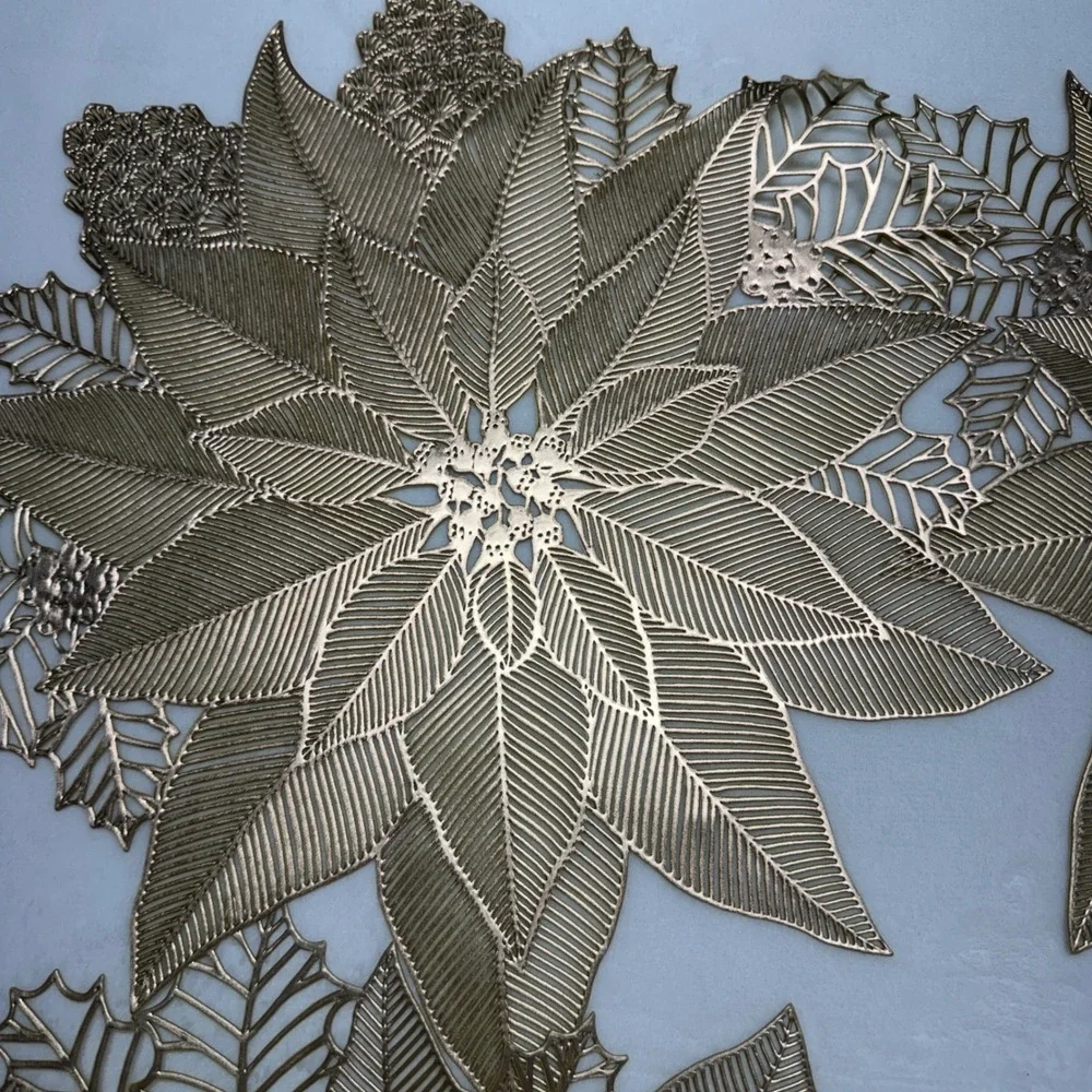 Gold Metallic Holly Leaf Vinyl Christmas Placemats Set of 6 Holiday Table Decor